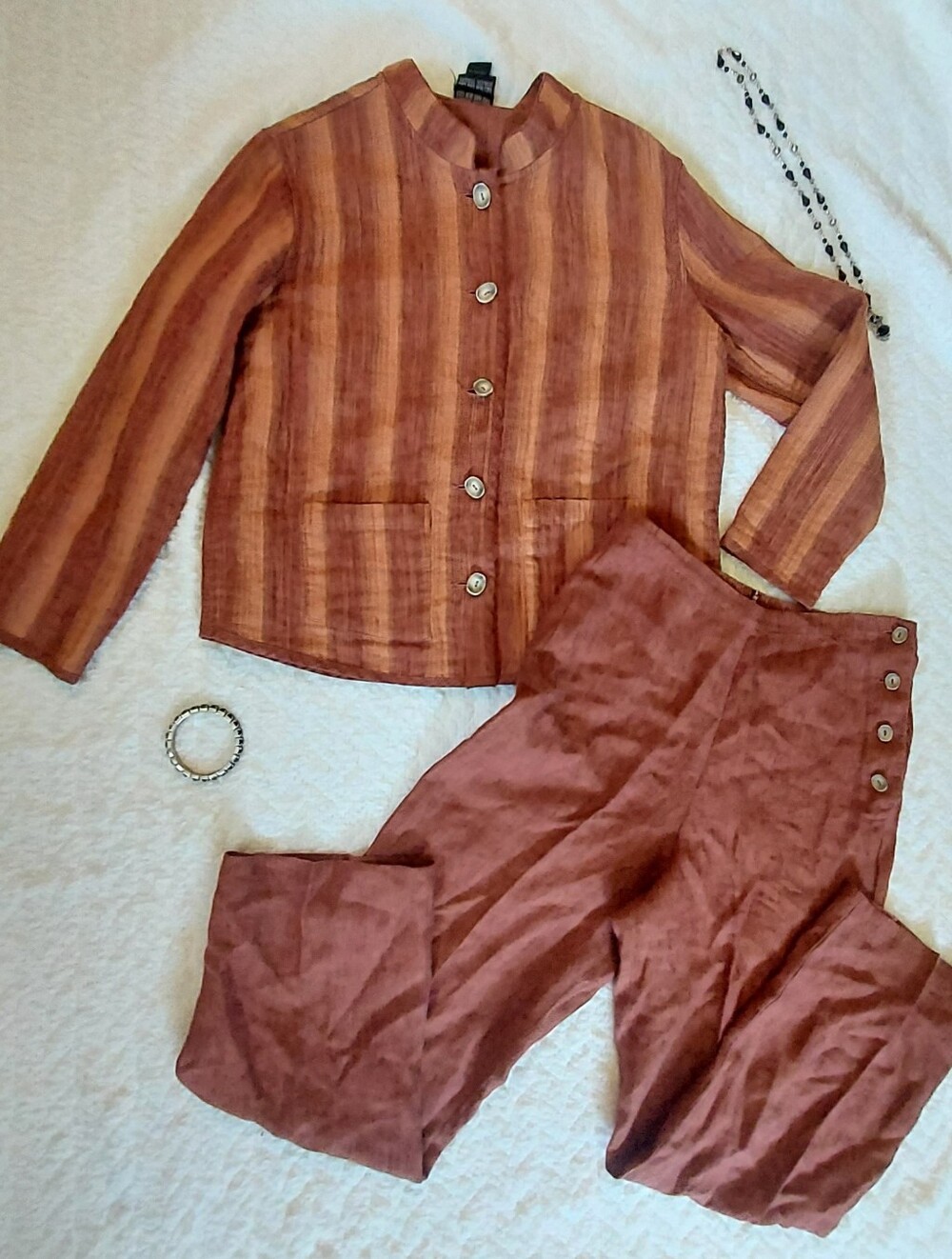 Nomadic Traders Rust & Terracotta Striped Jacket with High-Waist Crop Pants S